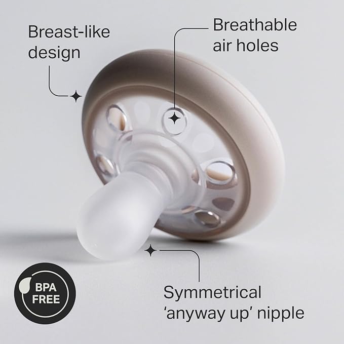 Tommee Tippee Breast-Like Pacifier, 0-6 Months, Symmetrical Design, Natural Breast-Like Baglet, BPA-Free Binkies, Pastel/Blue/Black, Pack of 4