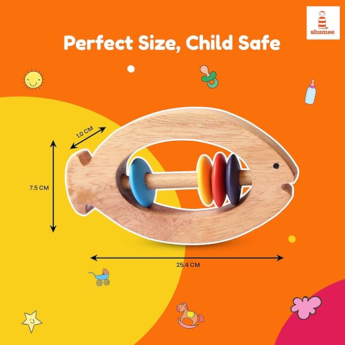 Shumee Wooden Fish Rattle Rings and Teethers for Infants | Sensory Toy | 100% Safe, Natural & Eco-Friendly | 6 Months+