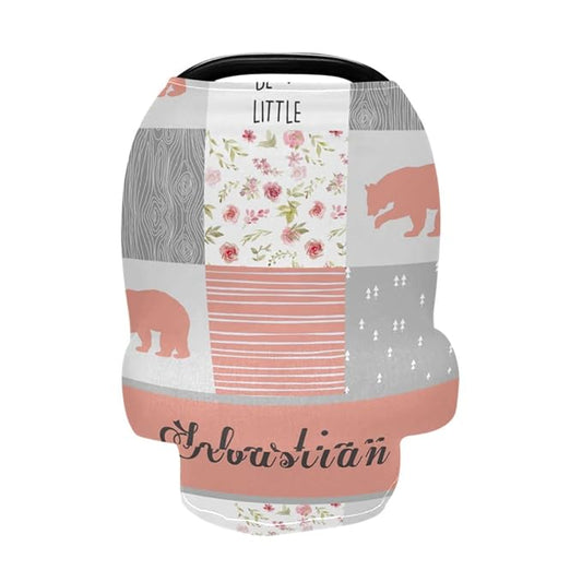 Personalized Baby Name Car Seat Covers for Girls Babies Infant - Customized Woodland Bear Nursing Cover Breastfeeding Scarf, Multiuse Carseat Cover, Infant Car Canopy