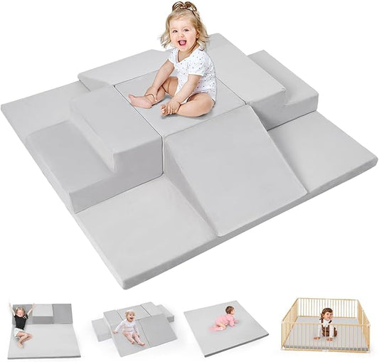 Rinnebbit 6-Piece Foam Climbing Blocks for Toddlers, Climb and Crawl Soft Foam Play Set with 47x47 Inch Baby Play Mat for Floor, Machine Washable Cover, Soft Climbing Toys for Toddlers 1-3 (Gray)