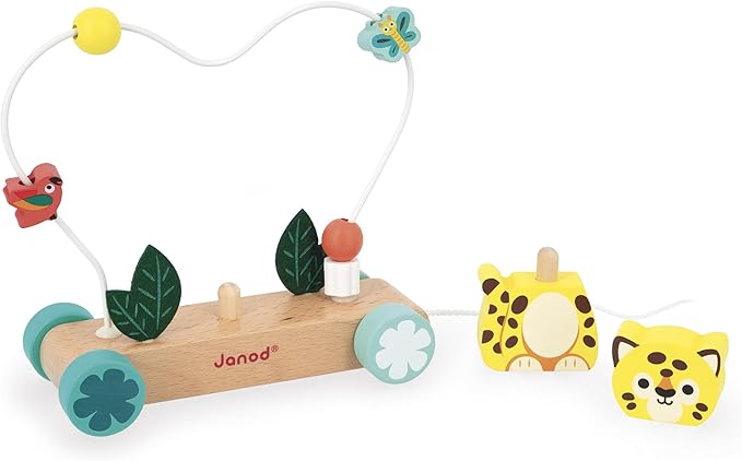 Janod - Pull-Along Tiger with Abacus Motor Skills Circuit - Wooden Pull-Along Toy - Develops Awareness, Motor Skills and Imagination - from 12 Months - J08281