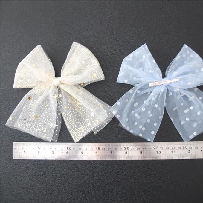 Large Tulle Bow Hair Clips for Baby Girls - Lace Hair Bows, Women's Cottagecore Barrettes - Lightweight Gauze - Moon Star & Blue Foil