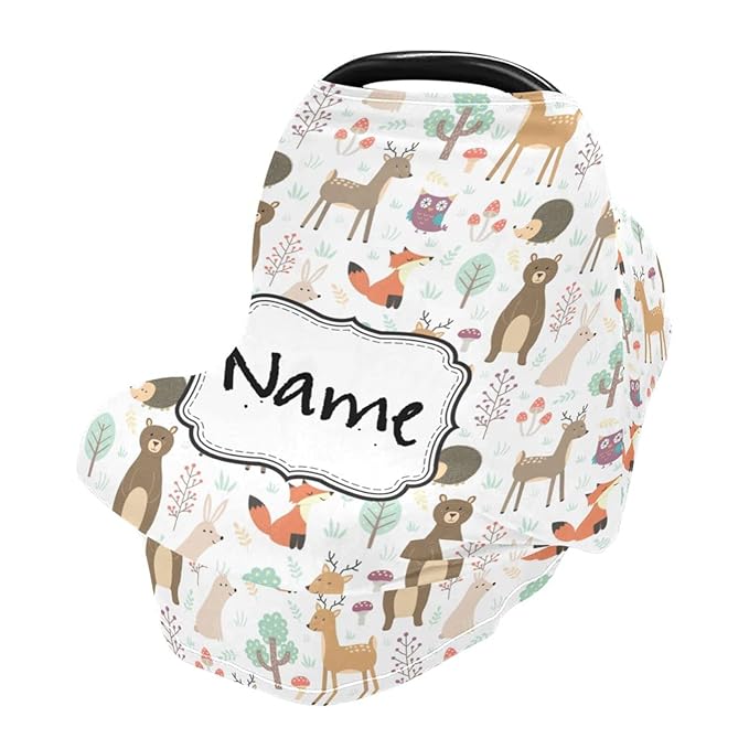 Personalized Cute Animal Baby Car Seat Covers for Girls Boys, Customized Carseat Cover with Name, Infant Carrier Cover Stroller Canopy, Nursing Cover Breastfeeding Scarf for Newborn Babies