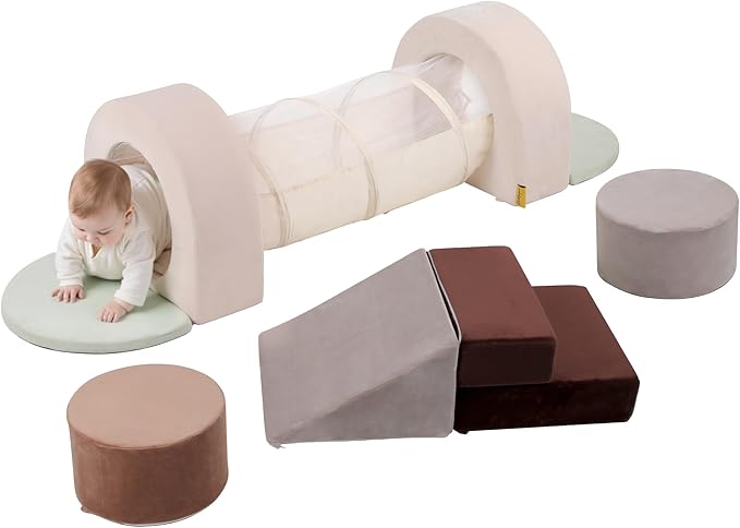 BanaSuper 8-Piece Climbing Toys with Play Tunnel for Toddlers, Crawl Through Tunnel & Kids Foam Blocks Playset with Arch, Ramp, Toddler Indoor Soft Play Gym Activity Play Set for Crawling and Playing