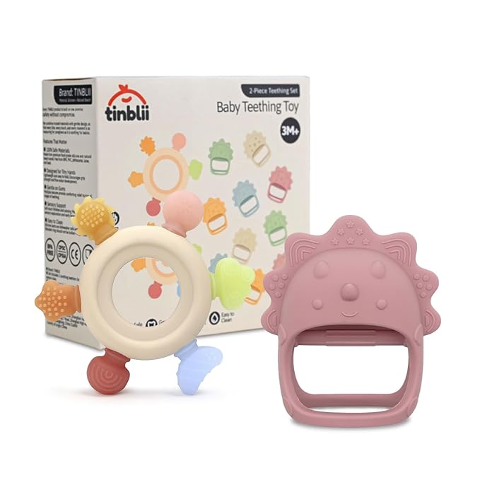 Baby Teething Toys 2 Pack, Dinosaur Mitten Teether and Ring Sun Teether with 6 Chewing Points, Silicone Chew Toys for Infants 0-6 6-12 Months, BPA Free Soothing Gum Relief Set (Pink)