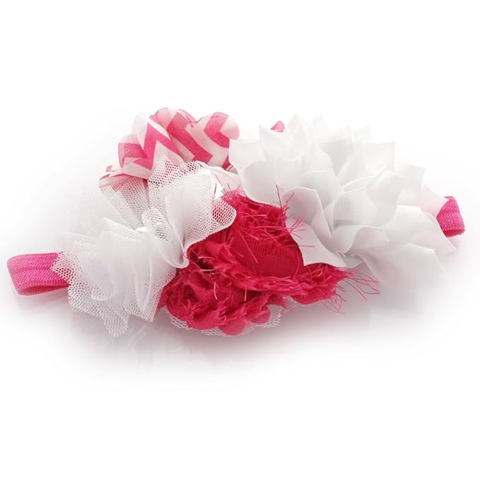 My Lello Headband Shabby Fabric Flower Cluster Baby - Infant - Toddler - Girl Stretchy Elastic White/Hot Pink Chevron