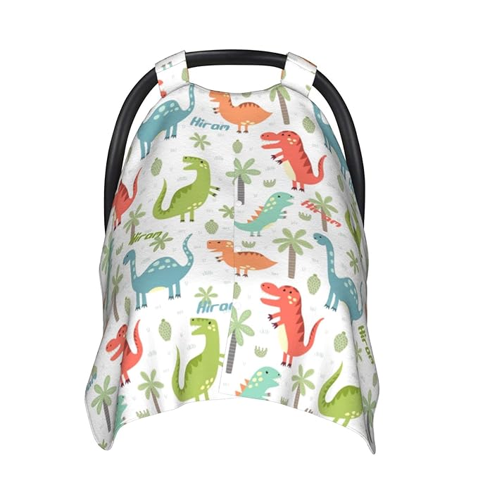Personalized Car Seat Covers for Babies Boys, Customized Dinosaur Baby Carseat Cover with Name, Custom Baby Carrier Covers, Nursing Cover Breastfeeding Scarf Stroller Canopy for Infant Newborn