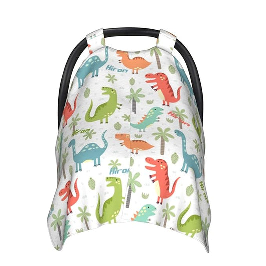 Personalized Car Seat Covers for Babies Boys, Customized Dinosaur Baby Carseat Cover with Name, Custom Baby Carrier Covers, Nursing Cover Breastfeeding Scarf Stroller Canopy for Infant Newborn