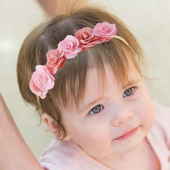 Baby Girl Flower Headband 6 PCS Elastic Hairbands Handmade Nylon Bows Headbands Chic Floral Hair Accessories Kids Gifts for Newborn Infant Toddlers