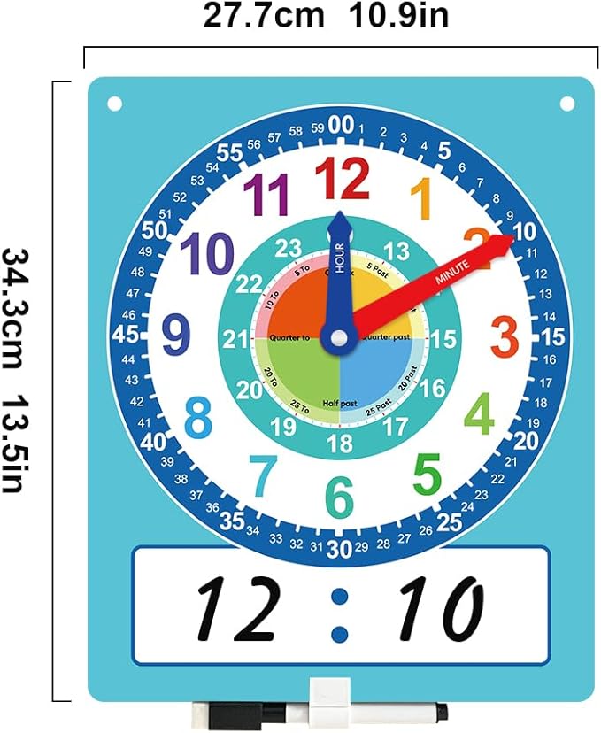 Richardy Telling Time Write & Wipe Teaching Demonstration Clock Learning Clock for Analog and Digital Time Labelled Minute & Hour Hands Kids Montessori Learning Toys