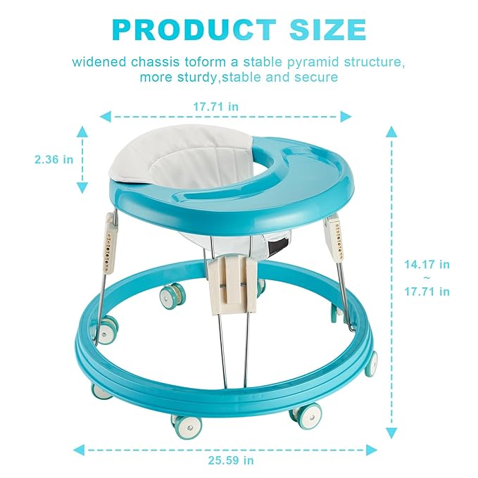Adjustable Baby Walkers for Baby with Easy Clean Tray, Universal Wheeled Walker, Anti-Rollover Folding Walker for Girls Boys 6-18Months Toddler (Blue)