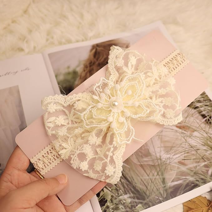 Lace Big Bow Baby Girls Headband Floral Hair Band Toddlers Newborn Infants Christening Baptism Party Hair Accessories for 0-36 Months Elastics Hairband (Style 8)