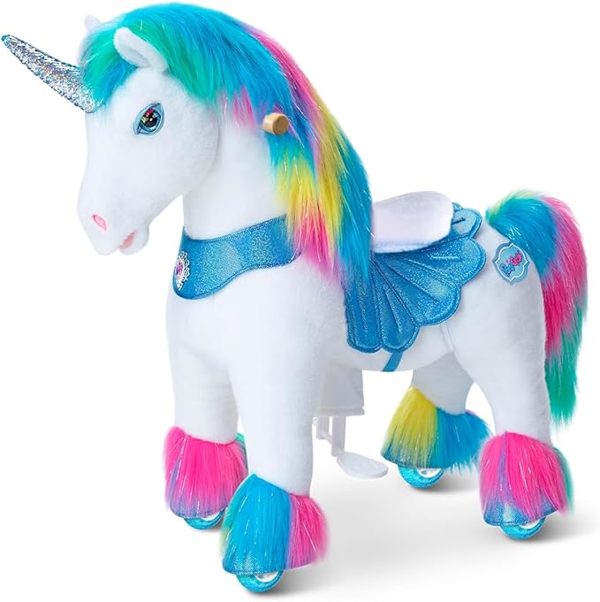 PonyCycle Rainbow Ride-on Unicorn Walking Pony Riding Horse Ride on Toy Advanced Model Y with Saddle Size 4 for Kids Ages 4-7, Indoor Outdoor with Wheels for Children Y454