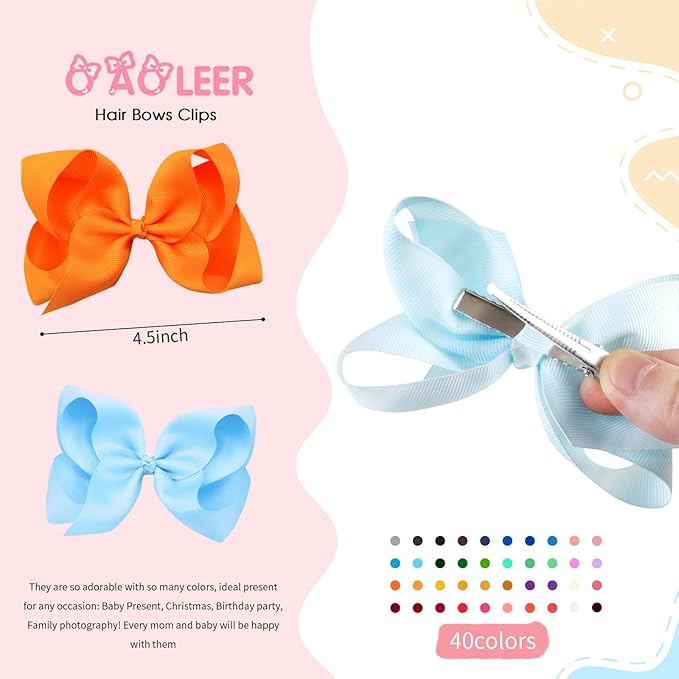 Oaoleer 40 Colors 4.5 Inch Hair Bows Clips Grosgrain Ribbon Bows Hair Alligator Clips Hair Barrettes Hair Accessories for Girls Toddler Infants Kids Teens Children (4.5inch 40color)