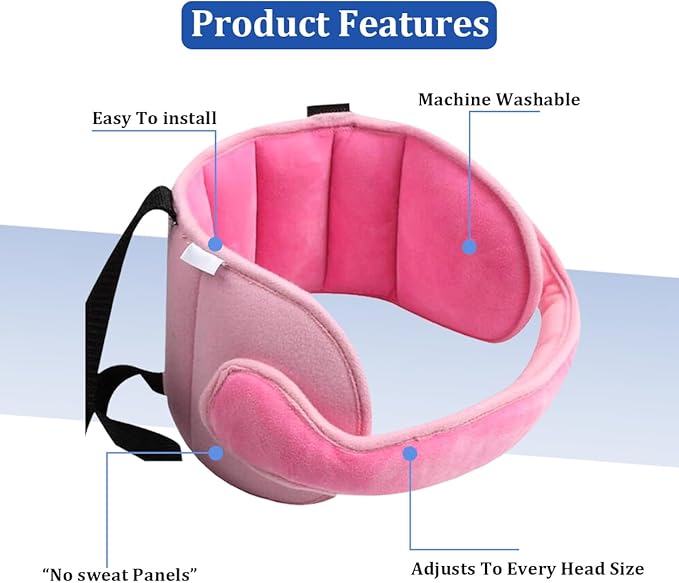 Car Seat Head Support, Soft Comfortable Adjustable Seat Neck Relief Support Band for Sleeping Kids, Automotive Headrest Holder Strap for Toddler Children Infant, Universal Fit (Pink)
