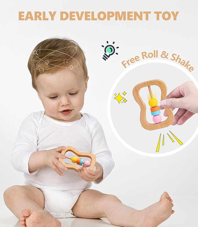 4 PCS Wooden Baby Rattle, Organic Colorful Baby Rattles Set, Wood Rattles for Babies 0-6-12 Months, Wooden Teether Crochet Rattle Toy for Infant Newborn,Montessori Toys for Babies 0-6 Months