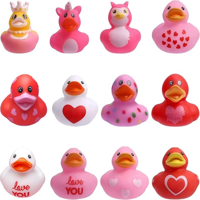 Rubber Ducks Pink Valentine Heart Ducks Assorted Rubber Duck in Bulk for Jeep Ducking Bath Toys Christmas Party Favors Supplies Decoration