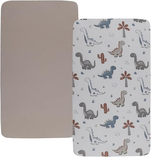Stretchy Fitted Crib Sheets Set 2 Pack Portable Crib Mattress Topper for Baby Girl Boy,Ultra Soft Jersey Material, Cream & Dinosuar