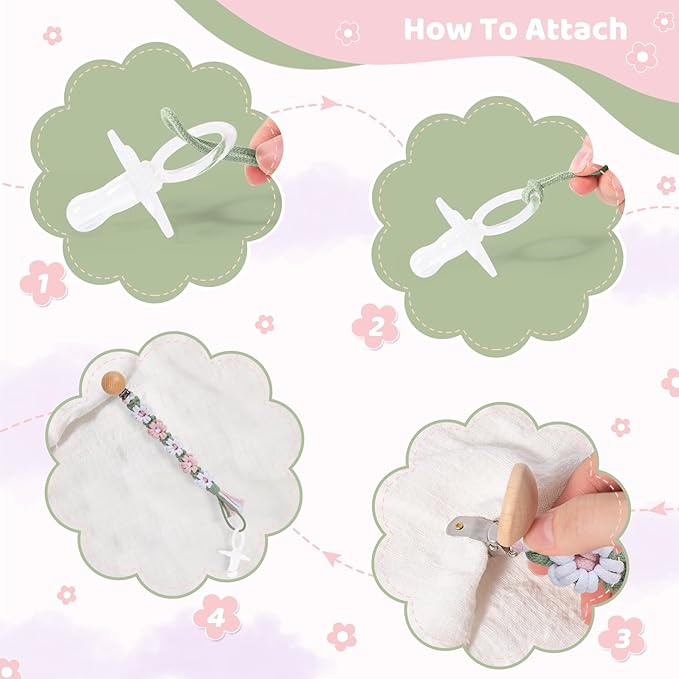 Pacifier Clip for Boys Girls Floral Daisy Macrame Baby Paci Clip Pacifier Holder Leash Boho Wooden Clips Handmade Braided Cotton Binky Clips (2pack:Misty Rose & Green Daisy)