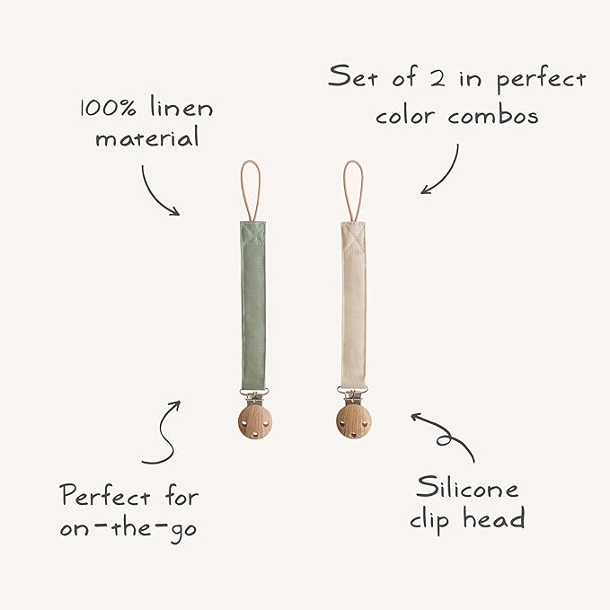 mushie Linen Baby Pacifier Clip Holder | Soft Fabric Strap, 2-Pack (Olive/Shifting Sand)