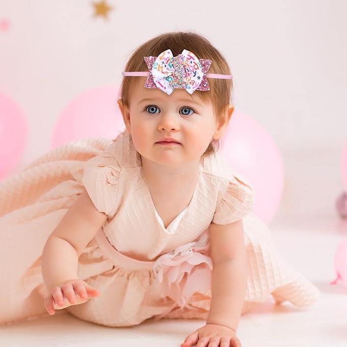 Glitter Pink Birthday Bow Headband for Women Her First Happy Birthday Gift Cute 1st Sprinkle Confetti Ice Cream Party Dress Decorations Accessories
