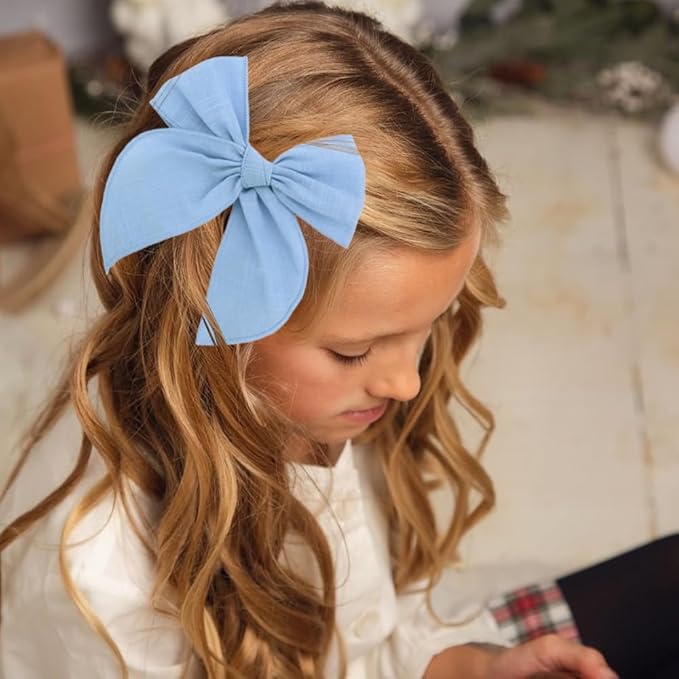 12 PCS Large Fable Bow Hair Clip for Little Girl Kids Linen Velvet Hair Bows Barrettes Alligator Clips Baby Mom Women Hair Accessories (Linen 6 and Velvet 6)