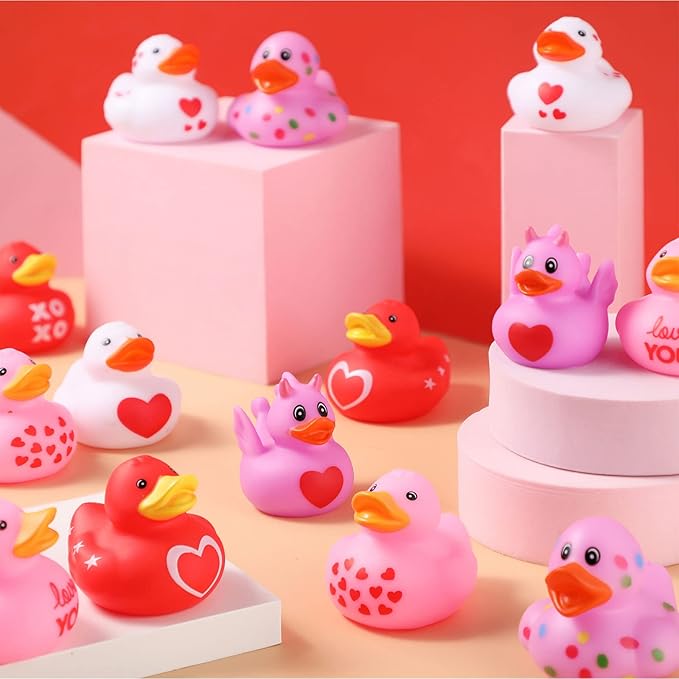 Sratte 36 Pcs Valentine Ducks Rubber Ducks in Bulk 2 Inch Mini Love Heart Assorted Pink Red White Squeaky Bath Toys for Valentines Party Favors Classroom Goodie Bag Fillers