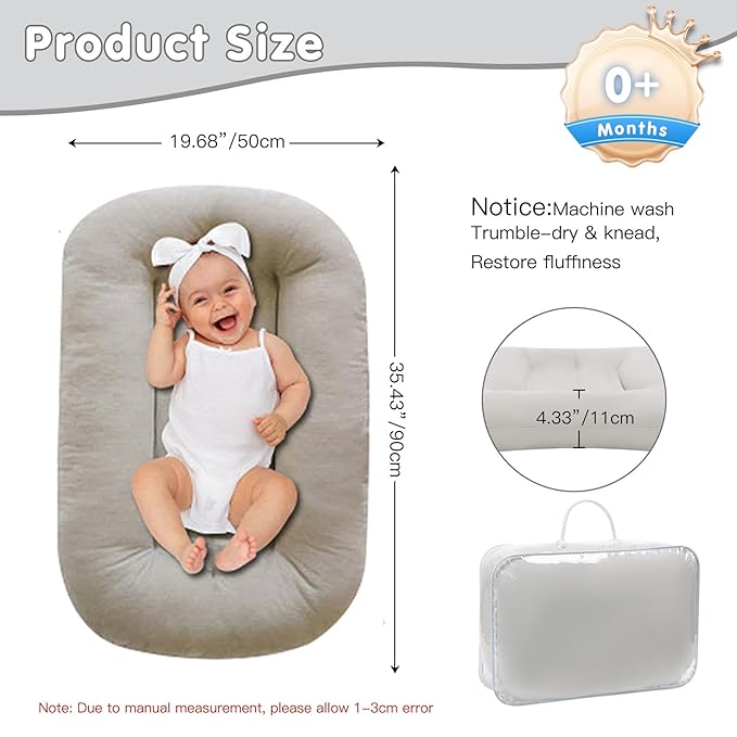 Baby Lounger 0-18 Months, Baby Lounger for Newborn, Soft Organic Cotton Breathable Lounger for Infants (Grey Baby Lounger)