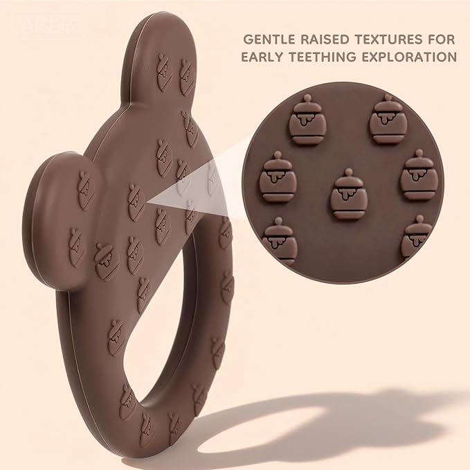 Bear-Shaped Silicone Teether for Baby 0–12 Months, Soft Textured Teething Ring with Easy-Grip Open Design, One-Piece Food-Grade Silicone Teething Toy for Infants (Brown)