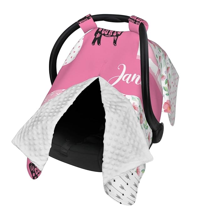Personalized Floral Cow Baby Car Seat Canopy for Babies with Name, Custom Pink Baby Car Seat Covers for Girls, Opening Minky Nursing Breastfeeding Cover Infant Carseat Canopies for Newborn