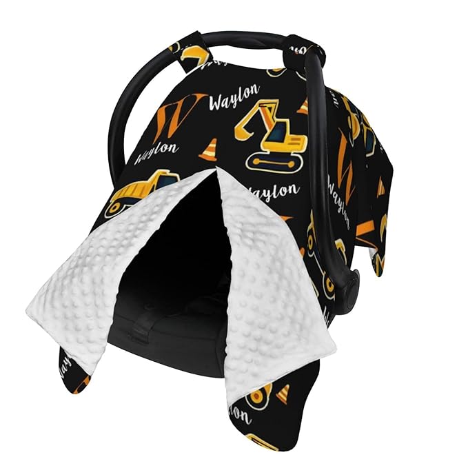 Customized Baby Car Seat Cover with Name, Personalised Engineering Vehicle Baby Carseat Canopy for Boys, Multi-use Nursing Breastfeeding Covers for Infant Newborn, Shower Gifts for Babies