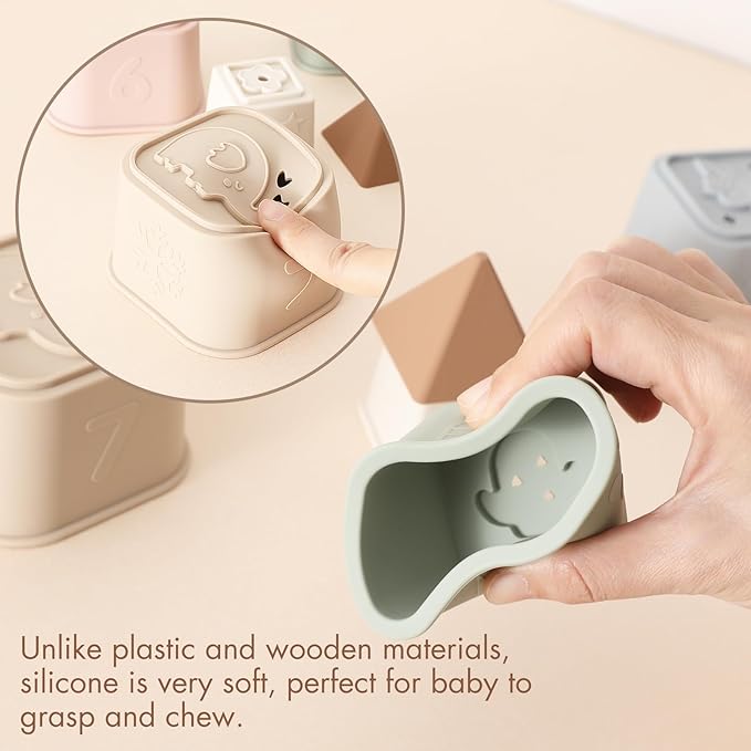 Baby Stacking Cups Toy, Silicone Stacking Tower Educational Baby Toys 6M+, Soft Teething Building Blocks 8 Pcs, BPA Free Sensory Infant Toy, Bath & Beach Toys, Vintage Neutral Colors-Vintage