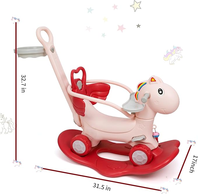 4 in 1 Rocking Horse Ages 1-3, Baby Rocking Toy Gift for Toddlers 1-3 Years Old, Balance Bike Ride On Toys with Push Handle, Backrest and Balance Board for Girl and Boy, Kids Riding Birthday (Pink)