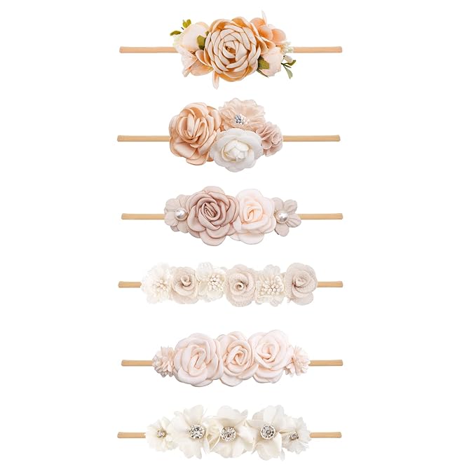 Baby Girl Flower Headband 6 PCS Elastic Hairbands Handmade Nylon Bows Headbands Chic Floral Hair Accessories Kids Gifts for Newborn Infant Toddlers