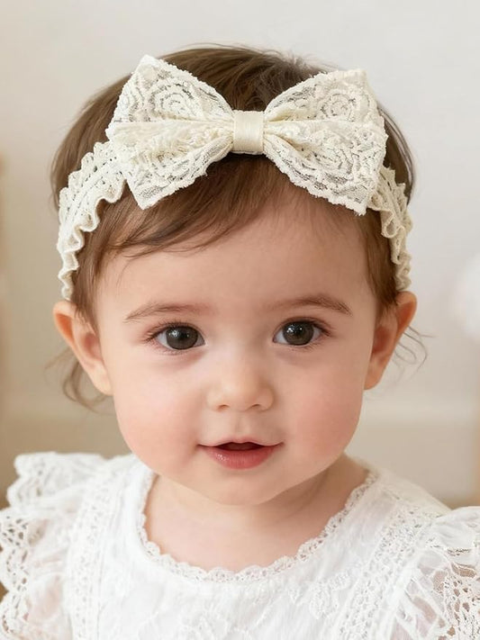 Handmade Baby Girl Headbands in Beige Baby Bows and Floral Lace Headband Bows for Newborns and Toddlers Cute Baby Girl Bows and Newborn Headband Bows
