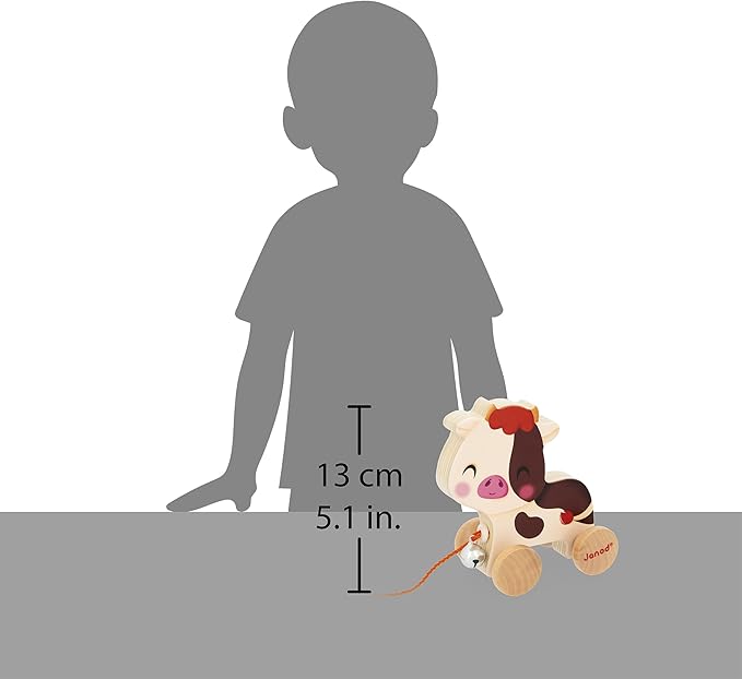 Janod - Wooden Ride-On Cow with Bell - Pull-Along and Push-Along Toy - Motor Skills & Imagination Training - 50cm String Suitable for Small Hands - from 12 Months, J03324
