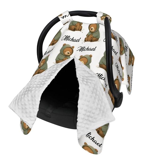 Personalized Baby Car Seat Canopy for Babies with Name, Custom Car Seat Covers for Boys Girls, Infant Opening Minky Nursing Breastfeeding Stroller Cover Carseat Canopies for Newborn (Cute Bear)