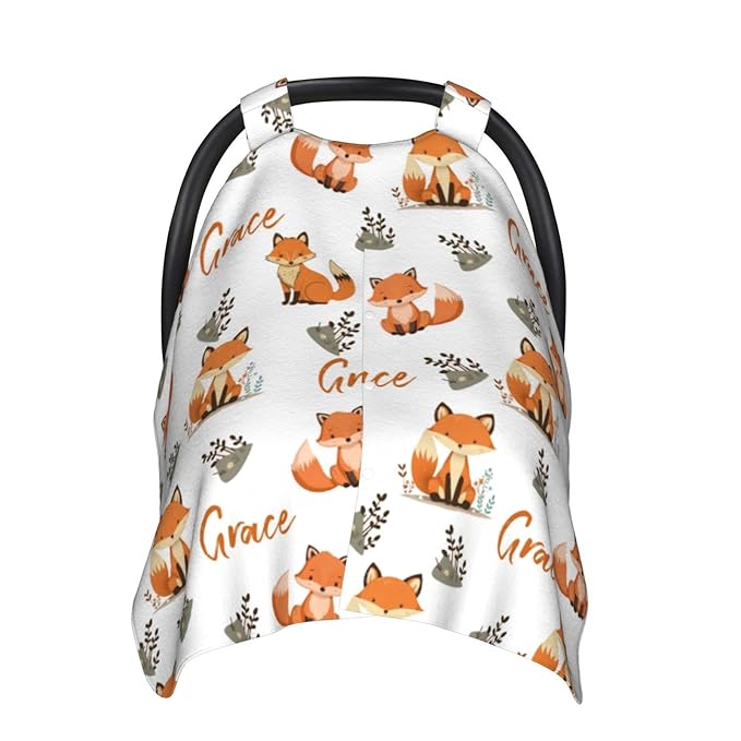 Personalized Baby Car Seat Covers for Babies with Name, Customized CarSeat Cover Stroller Canopy for Girls Boys, Custom Cute Fox Nursing Cover Breastfeeding Scarf for Infant Newborn New Mom