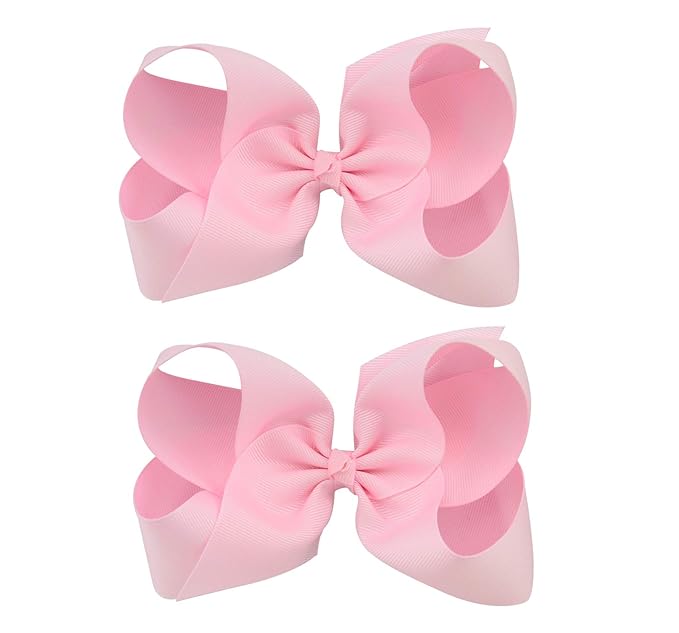 DEEKA 2 PCS 6" Big Hand-made Grosgrain Ribbon Solid Color Hair Bows Alligator Clips Hair Accessories for Little Teen Toddler Girls Kids Set of 2 -Light Pink