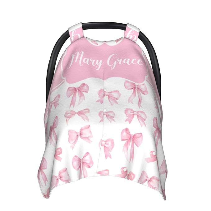 Personalized Baby Girl Car Seat Canopy for Babies, Custom Name Baby Car Seats Cover for Girls, Pink Bow Opening Minky Nursing Breastfeeding Covers for Infant, Carseat Canopies for Newborn