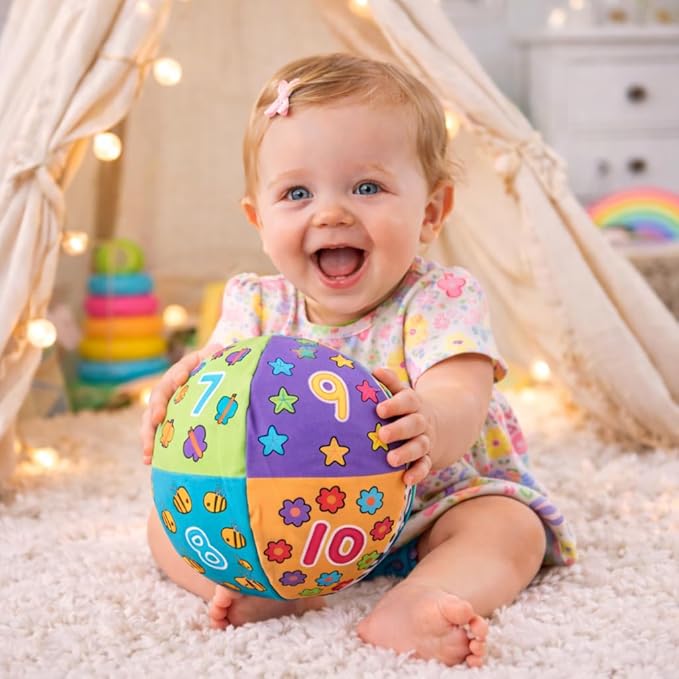 Balibazoo Double-Sided Soft Activity Ball for Babies 0-36M - High-Contrast Black & White + Colorful Numbers & ABC | Jingle Bell Sound | Educational Sensory Learning Toy | Grows with Baby | Infant Gift