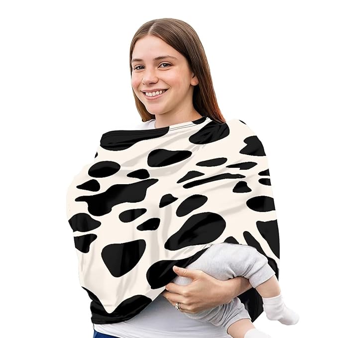 Beige Cow Nursing Cover Carseat Covers Baby Car Seat Cover for Girls Boys, Stretchy Car Seat Canopy Multiuse Nursing Breastfeeding Protectors, All-in-1