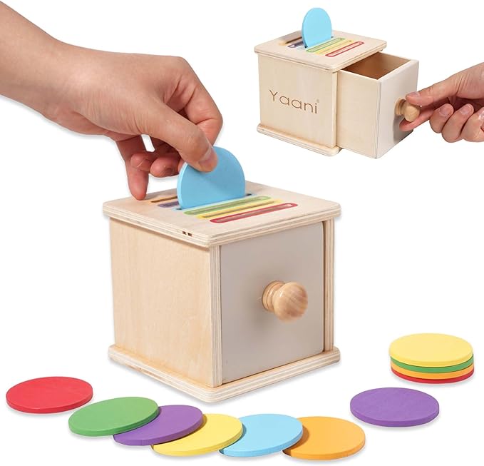 YAANI Montessori Coin Box Toy for Toddlers – Wooden Shape Sorting & Color Matching Learning Toy – Fine Motor Skills, Object Permanence, Early Educational Gift for 1-3 Year Old Boys & Girls