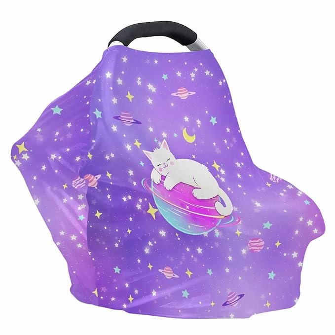 GIFTPUZZ White Cat Baby Car Seat Cover, Breastfeeding Scarf, Nursing Cover Stretchy Breathable Adjustable Infant Newborn Car Cover Protection, Infant Stroller Covers, Carseat Canopy