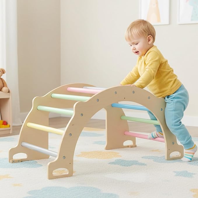 Olakids Climbing Arch for Toddlers, 4 in 1 Wooden Indoor Kids Climber Rocker Montessori Sensory Table with Foldable Storage Bin, Baby Pikler Set Gym Learning Crawling Toy for Children (Rainbow)