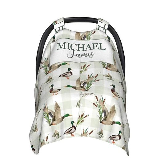 Personalized Baby Boy Car Seat Canopy for Babies, Custom Name Baby Car Seats Cover for Boys, Wild Ducks Opening Minky Nursing Breastfeeding Covers for Infant, Carseat Canopies for Newborn