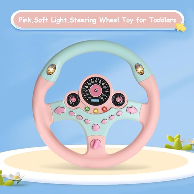 Toy Steering Wheel for Kids with Light and Music,Simulated Driving Toys Gift for Toddlers 3+ (Pink)