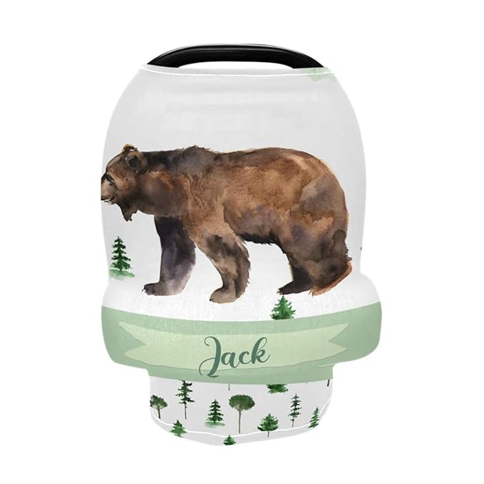 Personalized Baby Car Seat Cover for Boys Girls, Custom Nursing Covers for Breastfeeding with Name, Infant Stroller Cover, Baby Carseat Canopy for Newborn, Multiuse Car Seat Canopies, Woodland Bear