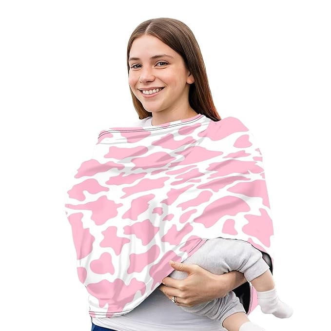 Pink Cow Print Car Seat Covers Baby Multi-use Breathable Nursing Cover,High Stretchy Infant Carseat Canopy Stroller Cover,Car Seat Covers for Bbies, Boys & Girls
