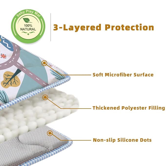 Baby Play Mat, 47x47 Play Mat for Playpen, Thick Soft Cushioned Baby Mat for Floor, Non-Slip Car Play Mats, Washable Baby Playmat for Babies Toddlers Infants Activity & Tummy Time (Car,47x47)
